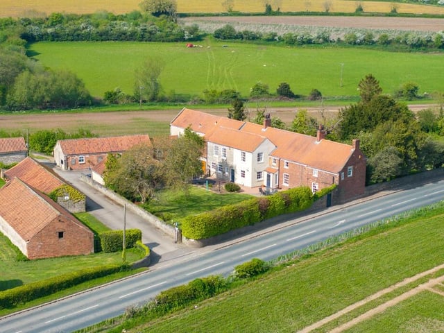 An aerial view of Limestone Hill Farmhouse, in its attractive Doncaster location.