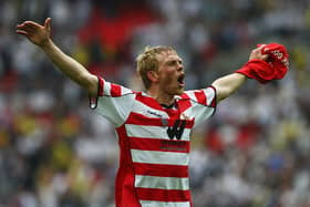 Paul Green celebrates victory with Doncaster Rovers in the 2008 League One play-off final against Leeds United. Photo by Clive Rose/Getty Images
