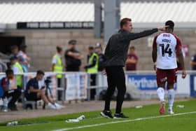 Doncaster boss Gary McSheffrey gives out instructions against Northampton Town.