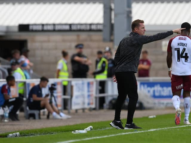 Doncaster boss Gary McSheffrey gives out instructions against Northampton Town.