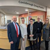Rawmarsh and Conisbrough MP, John Healey, with (from left to right) Conisbrough Practice Group Practice Manager Bex Cottey, CA Doncaster’s Operations Manager Emma Burdon, CA Doncaster’s Philip Scothern, CA Doncaster Adviser Megan Ward.