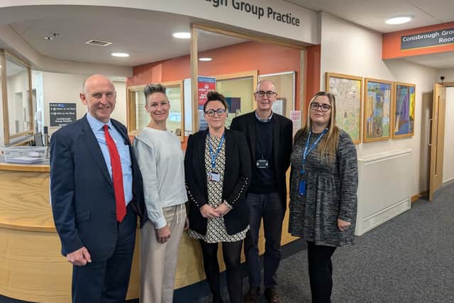 Rawmarsh and Conisbrough MP, John Healey, with (from left to right) Conisbrough Practice Group Practice Manager Bex Cottey, CA Doncaster’s Operations Manager Emma Burdon, CA Doncaster’s Philip Scothern, CA Doncaster Adviser Megan Ward.
