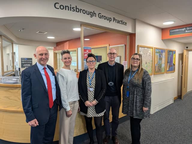 Rawmarsh and Conisbrough MP, John Healey, with (from left to right) Conisbrough Practice Group Practice Manager Bex Cottey, CA Doncaster’s Operations Manager Emma Burdon, CA Doncaster’s Philip Scothern, CA Doncaster Adviser Megan Ward.