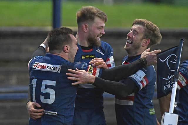Knights celebrate Billy McBryde's try. Picture: Andrew Roe/AHPIX LTD