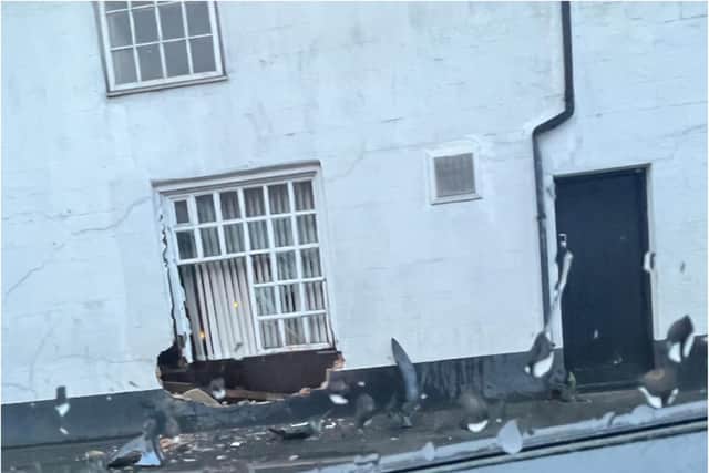 The damage to the White Hart after it was hit by a car. (Photo: Paige Ibbotson).