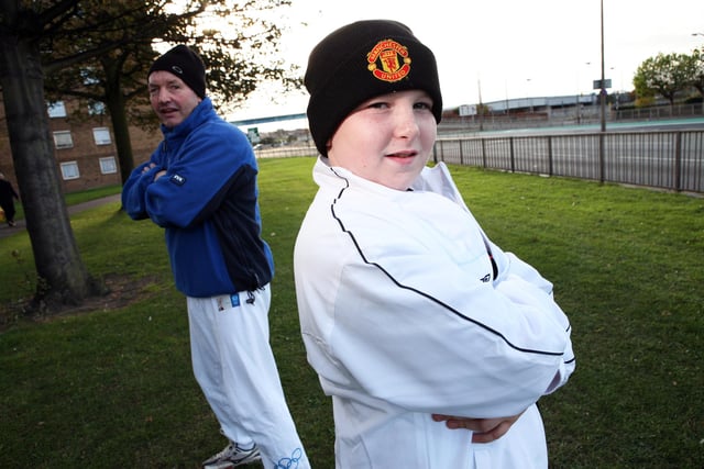 Nathan Baines,12, and Tommy Joyce before they set off from Cleveland Street, Doncaster, on a run to Consibrough Castle to raise money for Children In Need back in 2007.
