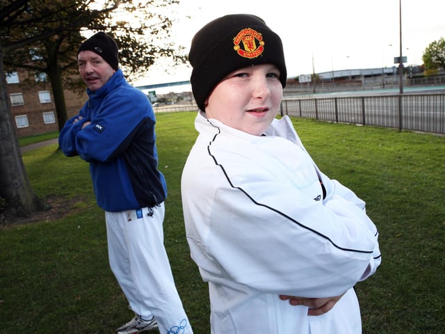 Nathan Baines,12, and Tommy Joyce before they set off from Cleveland Street, Doncaster, on a run to Consibrough Castle to raise money for Children In Need back in 2007.