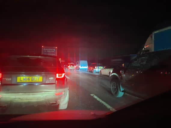 Queues on the M18 are stretching for eight miles following two accidents between junction 1 and junction 2.
