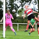 Doncaster Rovers Belles v Stoke City back in August, Belles' Phoebe Sneddon heads wide. (Picture: Club Doncaster/AHPix)