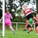 Doncaster Rovers Belles v Stoke City back in August, Belles' Phoebe Sneddon heads wide. (Picture: Club Doncaster/AHPix)