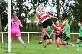 Doncaster Rovers Belles v Stoke City back in August, Belles' Phoebe Sneddon heads wide. (Picture: Club Doncaster/AHPix)