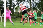 Doncaster Rovers Belles v Stoke City back in August, Belles' Phoebe Sneddon heads wide. (Picture: Club Doncaster/AHPix)