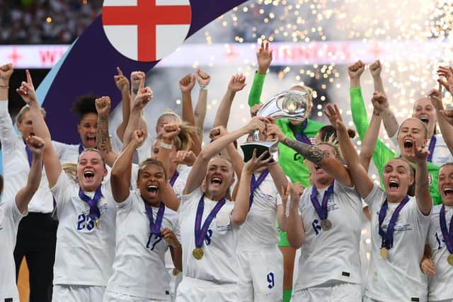 England celebrate winning the UEFA Women's Euro 2022 tournament. Photo: FRANCK FIFE/AFP via Getty Images