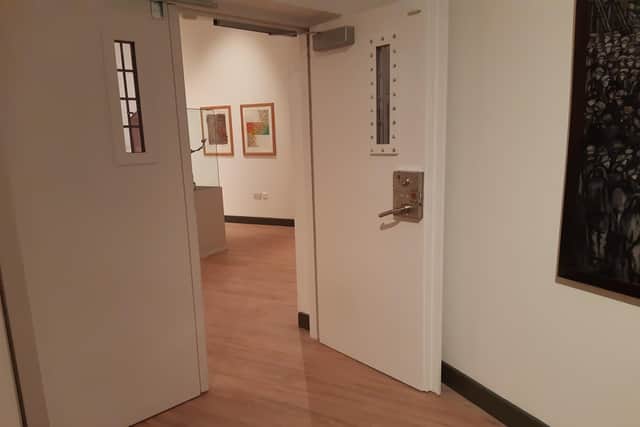 The door to the secure exhibition room at Danum Gallery, Library and Museum