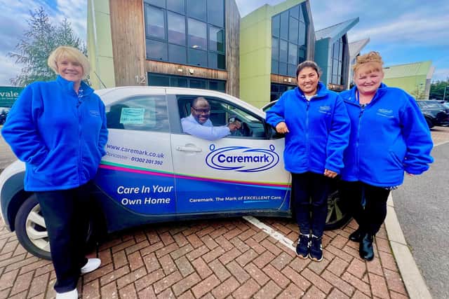 Caremark Doncaster MD Yomi Eletu with Care Manager Alison Springall (left), Care Coordinator Michele Mullins and Carer Sonia Akther.