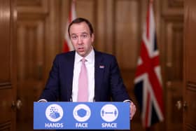 Health Secretary Matt Hancock speaks to the nation during a virtual Coronavirus press conference at Downing Street  (Photo by Trevor Adams - WPA Pool/Getty Images)