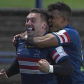Billy McBryde celebrates his try against Ealing. Photo: Andrew Roe/AHPIX LTD