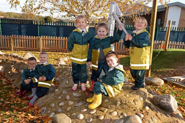 Kayden-Lee Hirst, four, Bentley Kelleher, four, Lottie Mee, five, Carrissa Atkins, four, Eva Gregory, five and Romeo Cole-Warr, four, pictured in the Outdoor Area. Picture: NDFP-12-11-19-DenabyMainPrimary-6