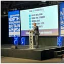 Rishi Sunak delivers his speech to northern Conservatives at Doncaster Racecourse. (Photo: Nick Fletcher).