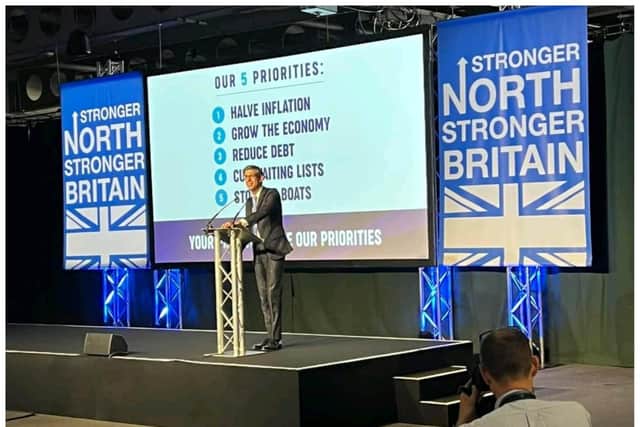 Rishi Sunak delivers his speech to northern Conservatives at Doncaster Racecourse. (Photo: Nick Fletcher).