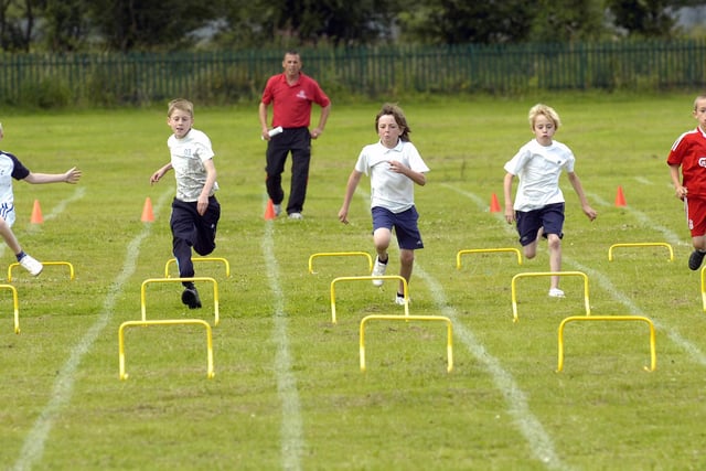 The Year 3/4 boys hurdles at the Bentley Schools Olympic sports day (July 2009)