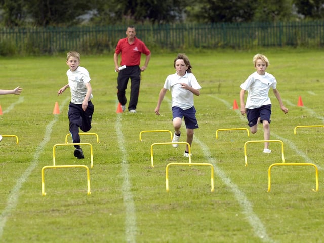 The Year 3/4 boys hurdles at the Bentley Schools Olympic sports day (July 2009)
