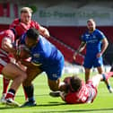 Dons' Albert Vete drives to the try line against Oldham. Picture: Howard Roe/AHPIX.com