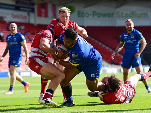 Dons' Albert Vete drives to the try line against Oldham. Picture: Howard Roe/AHPIX.com