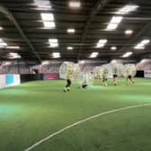 The Rovers squad take part in zorb football at Paul Green's A1 Football Factory