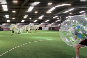 The Rovers squad take part in zorb football at Paul Green's A1 Football Factory
