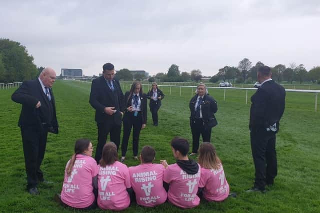 Animal protectors at Doncaster Races.