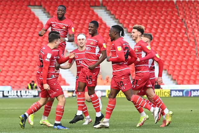 Rovers celebrate Branden Horton's goal that put them ahead against Plymouth