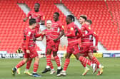 Rovers celebrate Branden Horton's goal that put them ahead against Plymouth