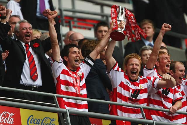 Brian Stock captained Doncaster Rovers in their League One play-off final win over Leeds United in 2008. Photo by Clive Rose/Getty Images