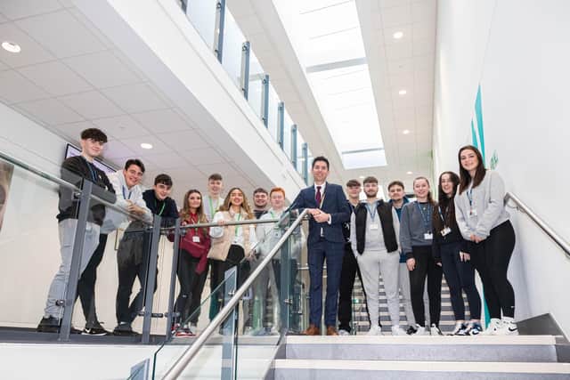 Students with Brendon Fletcher, New College Doncaster’s Principal