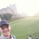 Bradley, pictured at Conisbrough Castle - his first stop-off - completed the 213-mile route in 17 hours.