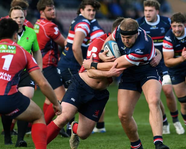 On a charge: Fred Davies scored Doncaster Knights' eighth try as they thrashed Cambridge in the Championship to maintain their strong form.(Picture: Jonathan Gawthorpe)