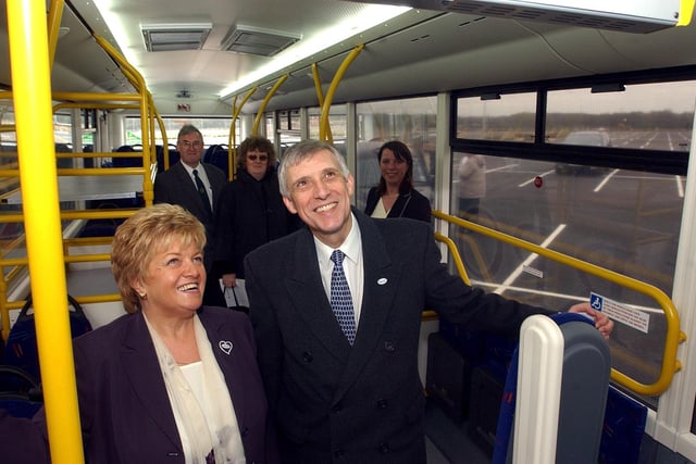 Then Robin Hood Airport Managing Director, David Ryall, and then Wilfrida Beehive Managing Director, Sue Scholey, are pictured aboard one of Wifrida's 'Airport Arrow' shuttle buses.
