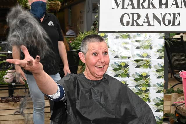 Barbara Harrison of Markham Grange Garden Centre has her head shaved to raise money for  the charity DonMentia. Pictures taken by Howard Roe for AH Pix / lukepr.com on behalf of Home Instead Doncaster. 