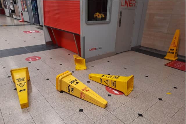 Cones were left shattered and broken after being hurled around the railway station by a gang of teen yobs.