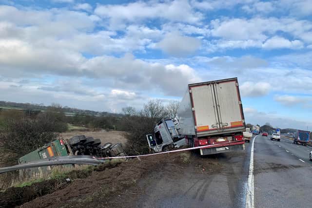 Police said there were thankfully only minor injuries after this lorry came off the M18 motorway in Doncaster (pic: South Yorkshire Police Operational Support)