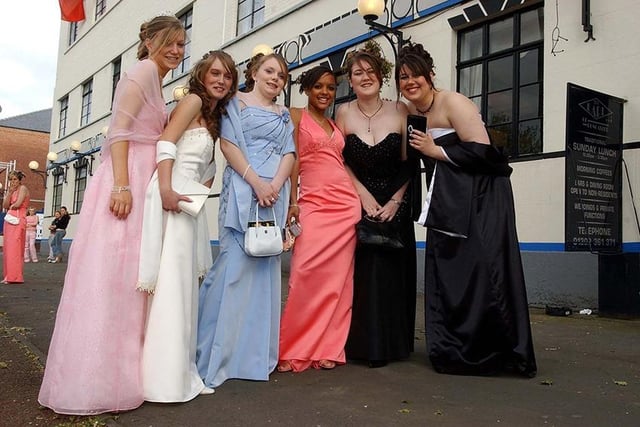 Danum School Technology College pupils, from left, Sophie Meredith, Hannah Day, Sara Bruce, Cherish Tomlinson, Kirsty Fowler and Nicola Wagstaff, all aged 16, arrive for their prom night at the Earl of Doncaster Hotel, May 2005
