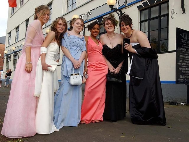 Danum School Technology College pupils, from left, Sophie Meredith, Hannah Day, Sara Bruce, Cherish Tomlinson, Kirsty Fowler and Nicola Wagstaff, all aged 16, arrive for their prom night at the Earl of Doncaster Hotel, May 2005