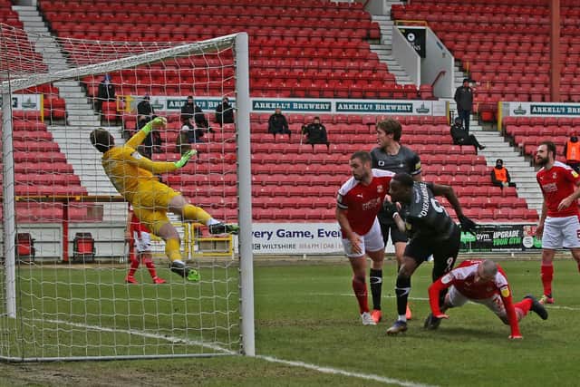 Fejiri Okenabirhie heads in Rovers' second goal at Swindon. Picture: Gareth Williams/AHPIX