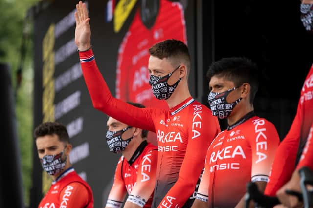 Team player: Connor Swift, centre, is introduced with his Arkea-Samsic team at the 2021 Tour de France. (Picture: Alex Broadway/SWPix.com)