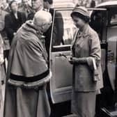 Her Majesty the Queen arriving at Doncaster Mansion House, September 13, 1952, and being greeted by Ald.E Hubbard, the Mayor of Doncaster