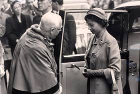 Her Majesty the Queen arriving at Doncaster Mansion House, September 13, 1952, and being greeted by Ald.E Hubbard, the Mayor of Doncaster