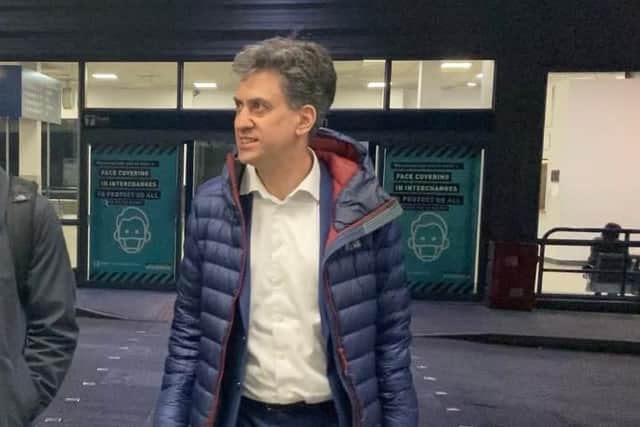 Ed Miliband at the bus interchange in Doncaster town centre. The Doncaster North MP stepped onto buses in his constituency to speak to passengers about the state of the services. Credit: George Torr/LDRS