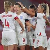 Ellen White (9) celebrates scoring in the World Cup qualifying win over North Macedonia. Photo: Catherine Ivill/Getty Images