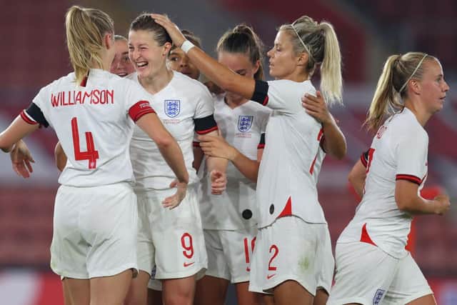 Ellen White (9) celebrates scoring in the World Cup qualifying win over North Macedonia. Photo: Catherine Ivill/Getty Images